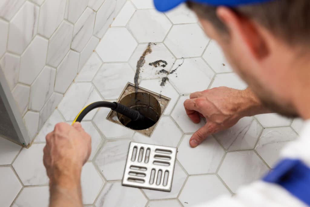 Plumbing technician clearing a floor drain using a drain snake in a residential bathroom.