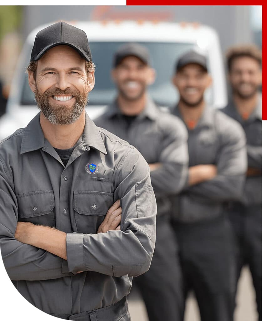 Burke Plumbing & Heating service technicians wearing company uniforms in front of a service vehicle