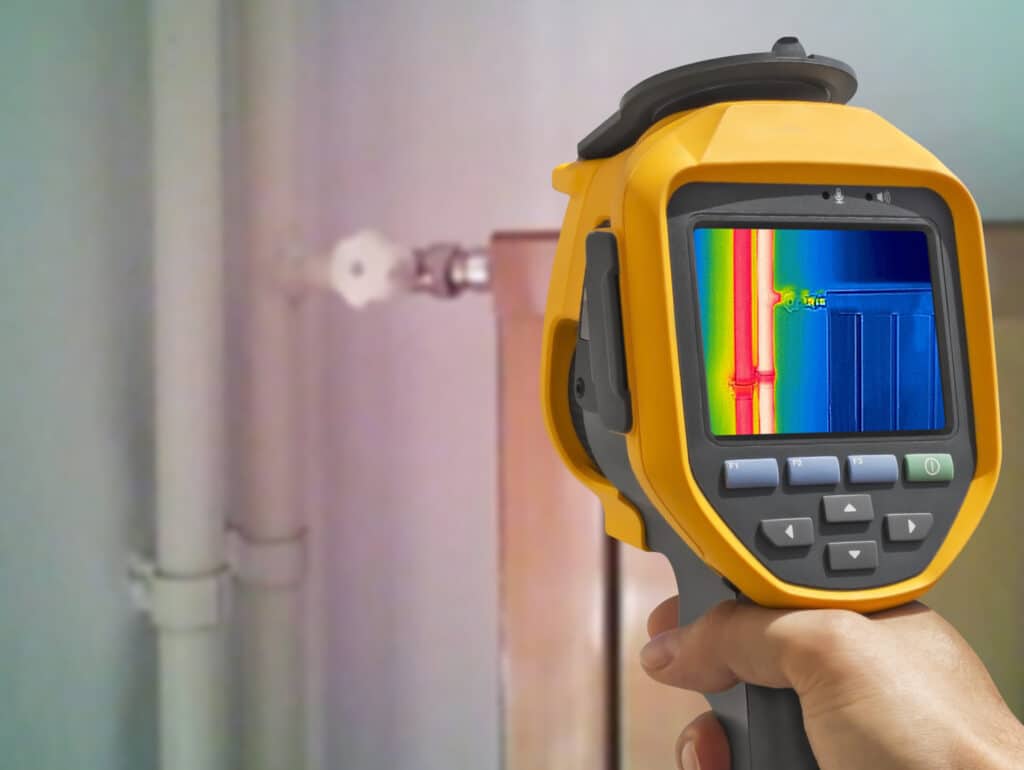 Technician using a thermal imaging camera to detect heat loss and plumbing issues inside a home
