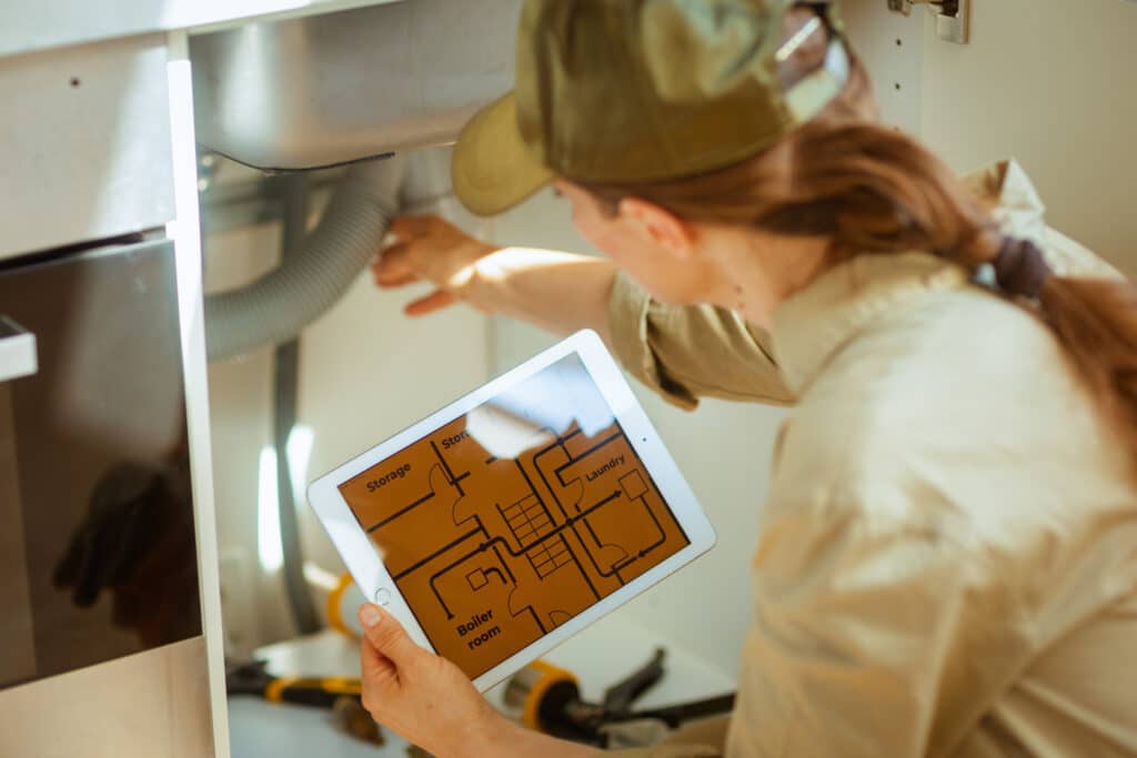 Plumbing technician inspecting under-sink piping while referencing system plans on a tablet.