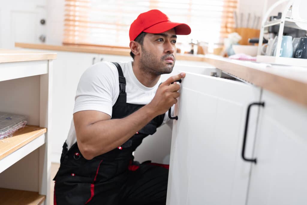 Licensed plumber checking plumbing connections beneath a kitchen sink