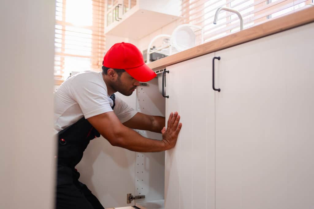 Professional plumber opening a kitchen cabinet to access plumbing during a residential service call by Burke Plumbing & Heating