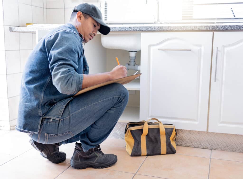 Professional plumber inspecting plumbing under a kitchen sink and documenting findings during a service call by Burke Plumbing & Heating
