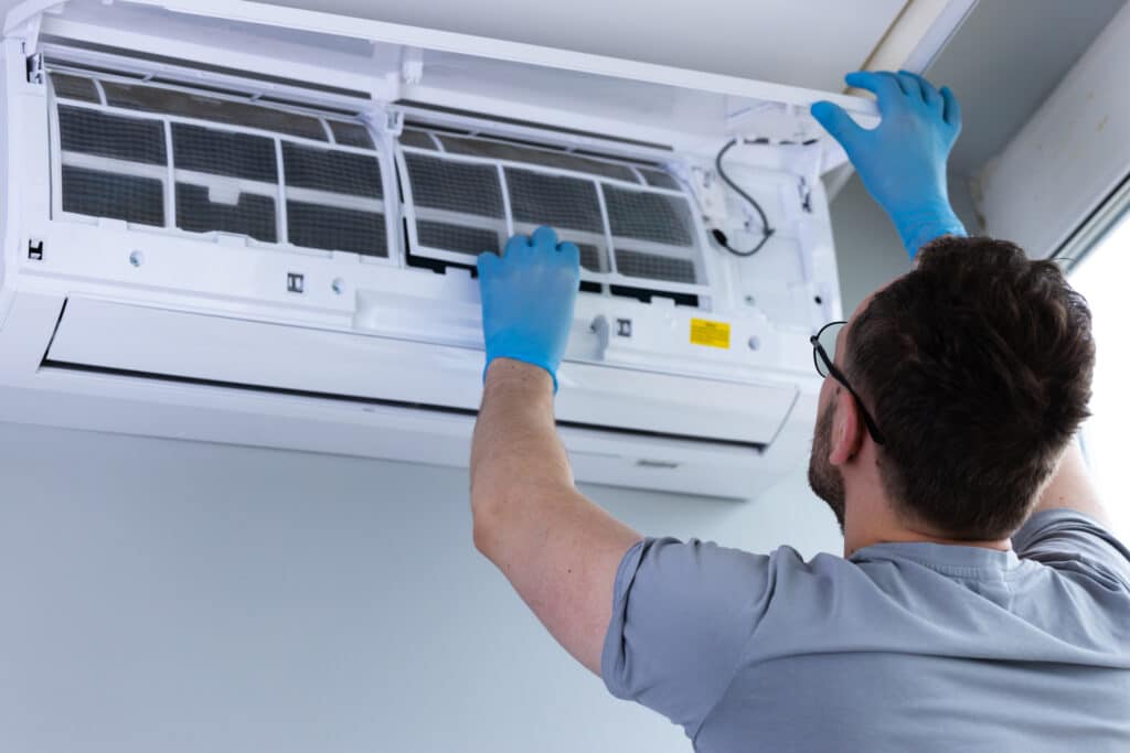 Ductless HVAC system maintenance.