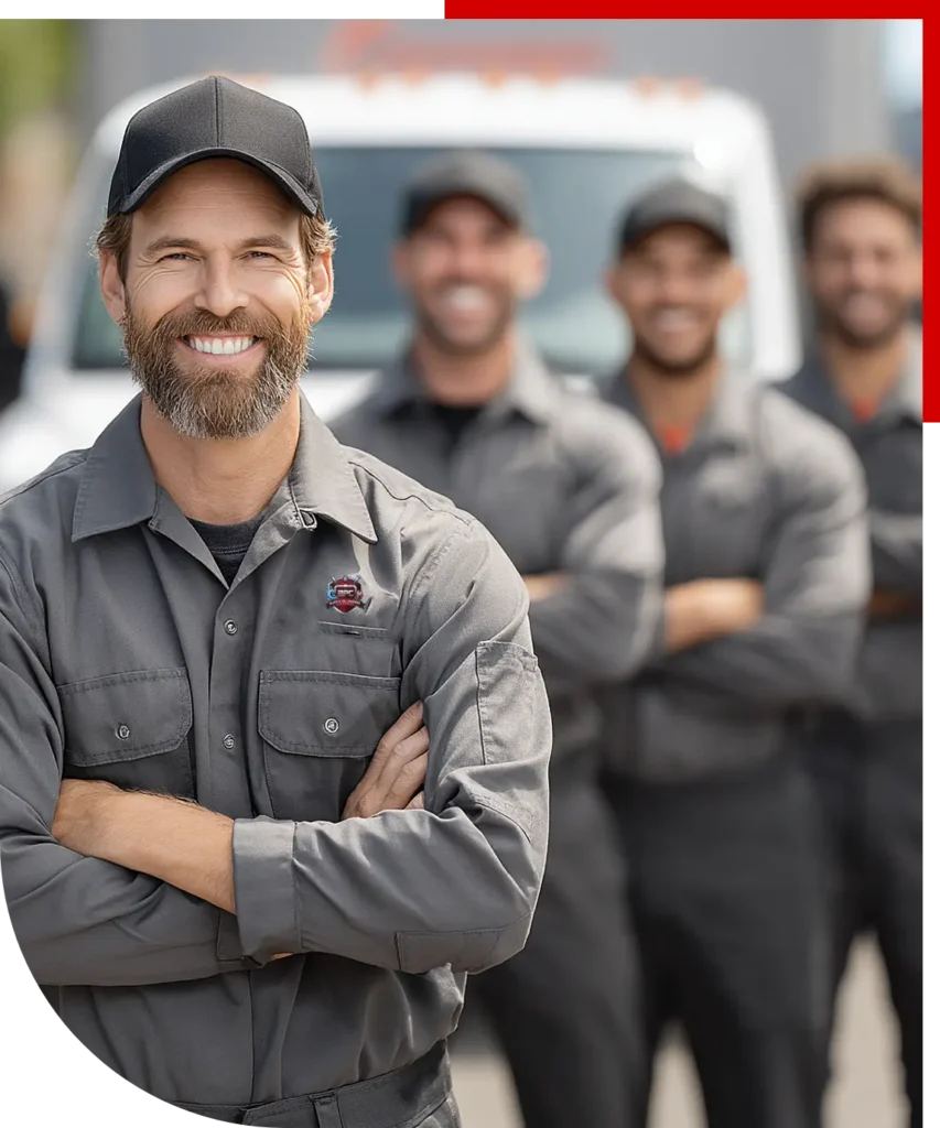 Burke Plumbing & Heating service technicians wearing company uniforms in front of a service vehicle