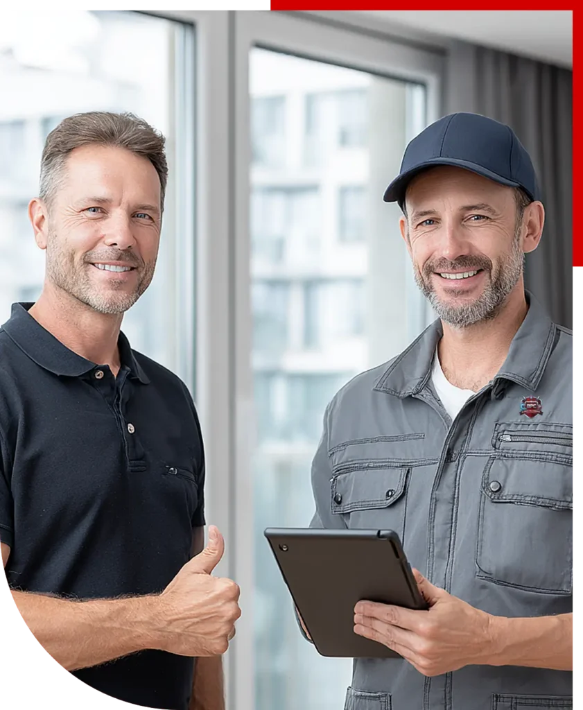 Burke Plumbing & Heating technician reviewing service details with a satisfied customer during an in-home visit