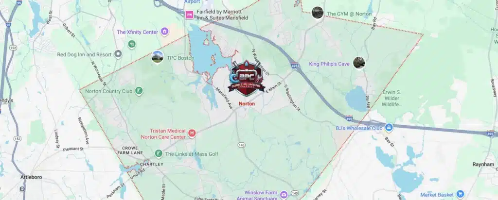Map showing Burke Plumbing & Heating service area centered in Norton, Massachusetts